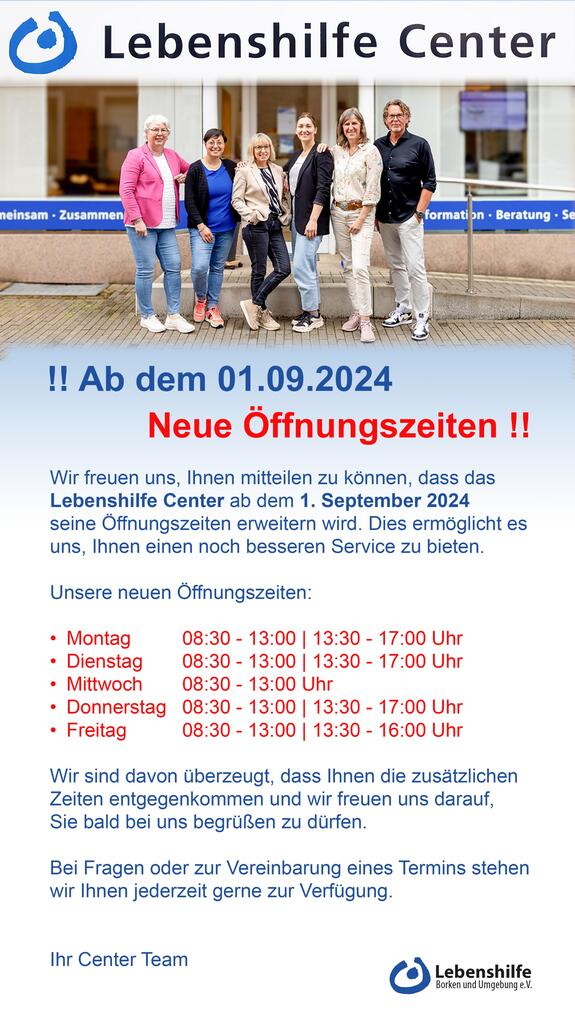 Ab dem 01.09.2024 - Neue Center Öffnungszeiten